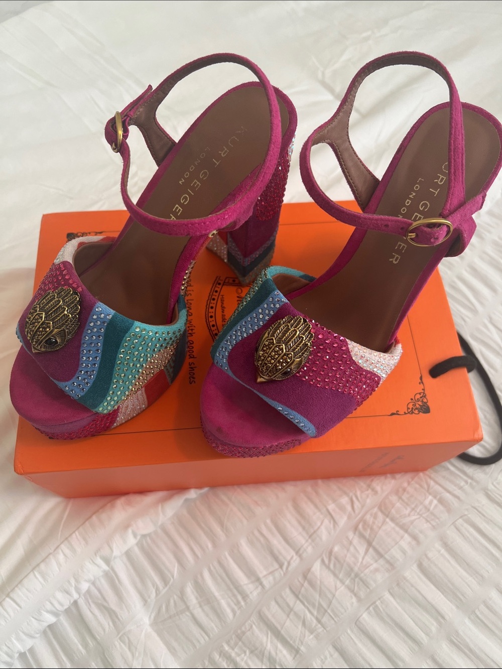 Kurt Geiger Fuchsia Multicolor Embellished Block Heel Sandals